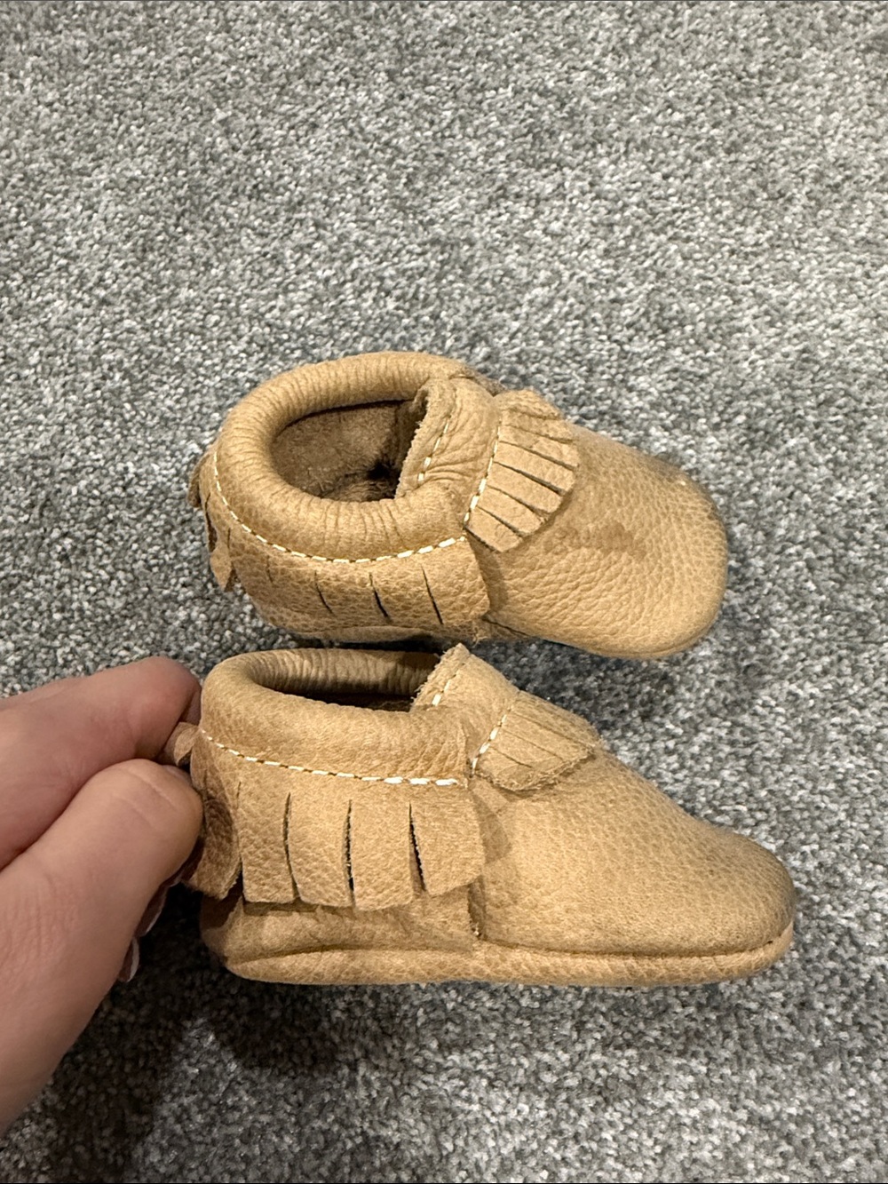 Classic Fringe Baby Moccasins in Tan (minor stain on one)